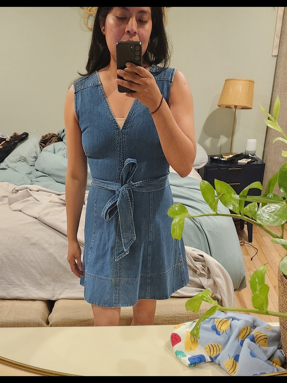 Tanya Taylor Reina Sleeveless Blue Denim Tie-Waist Dress